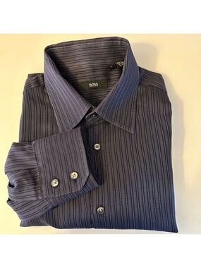 HUGO BOSS MEN'S DARK BLUE/GREY HERRINGBONE STRIPED BUTTON DOWN SHIRT sz 41 / 16